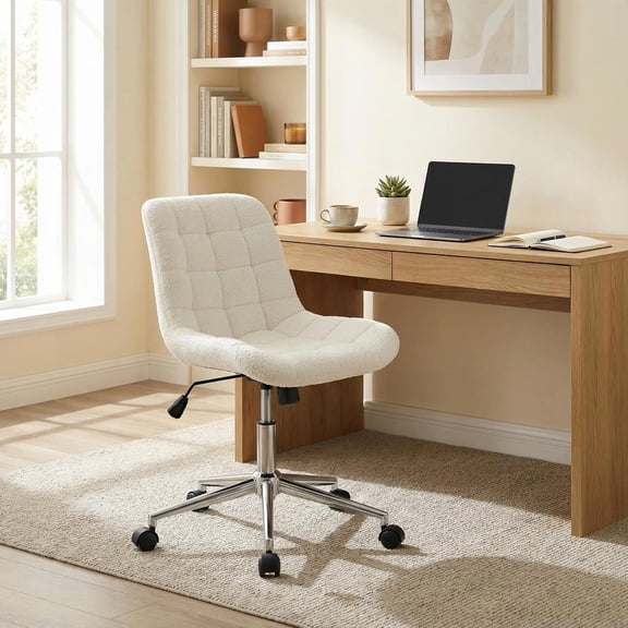 Topcobe Teddy Fleece Armless Office Chair Makeup Vanity Chair, Modern Furniture for Indoor-White