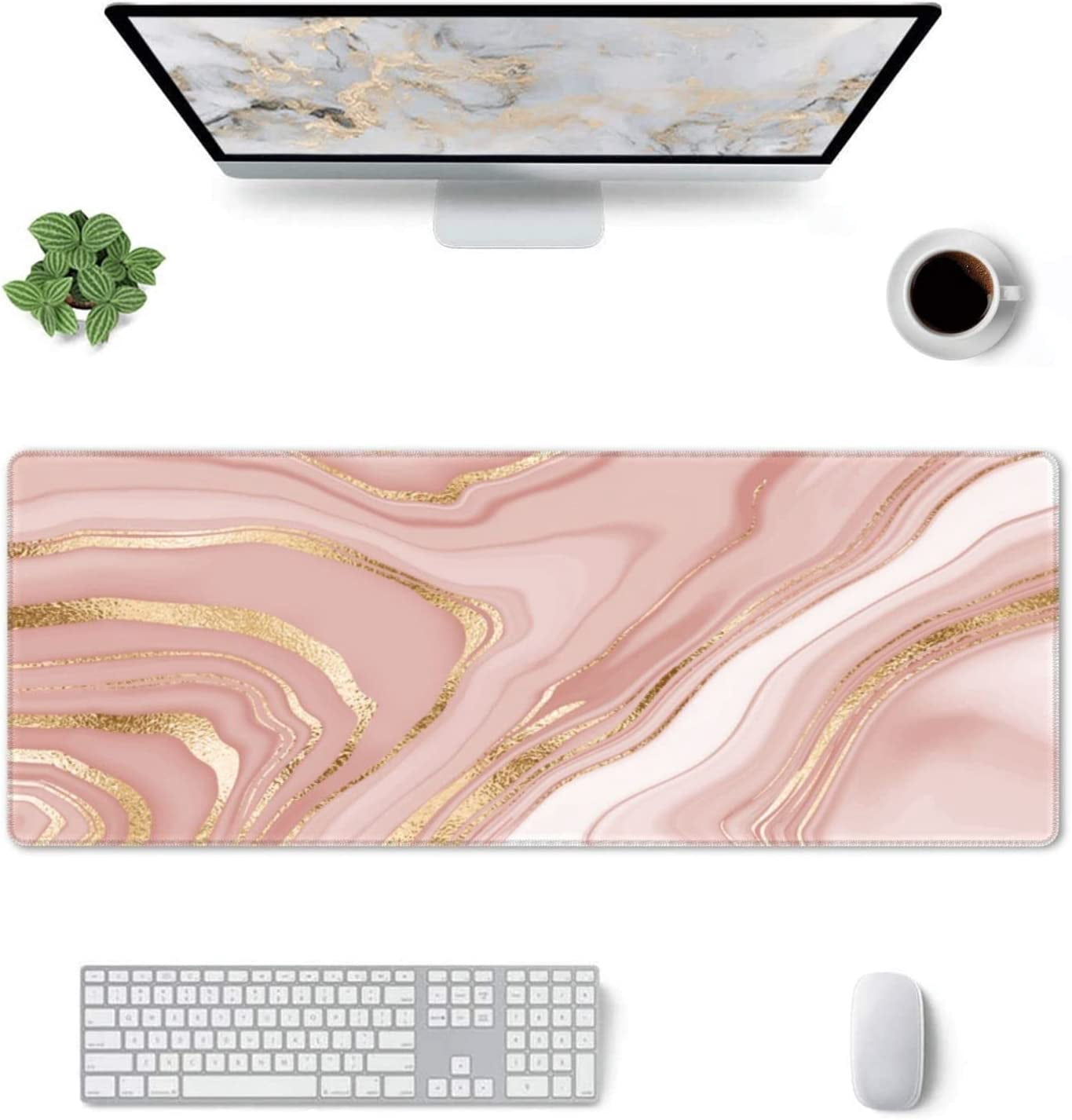 Marble Pink Mouse Pad, Extended Desktop Large Gaming Mousepad with Gold Texture, Waterproof Non-Slip Big Long Full Makeup Mat for Laptop, Keyboard, Computer for Decor Women Office, XL 31.5 * 11.8 in