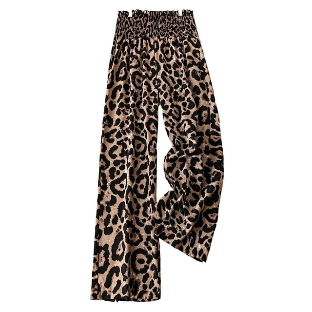 Pantalones Anchos con Estampado de Leopardo para Mujer, Cintura Elástica, Informales, Holgados, A Estar en Casa. L