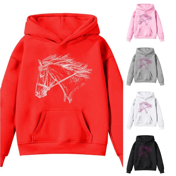 RMGVDSD Girls Cute Hoodies Kids Horse Print Long Sleeve Hooded Sweatshirts Back To School Graphic Pullover Tops Fall Winter Clothes Fashionable Top 6-7 Years