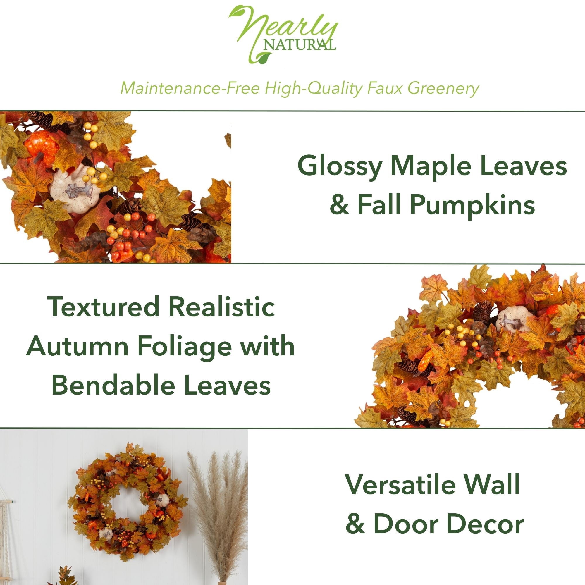 Nearly Natural Plastic Autumn Artificial Fall Wreath, with Pumpkin, Maple Leaf 30" (Orange)