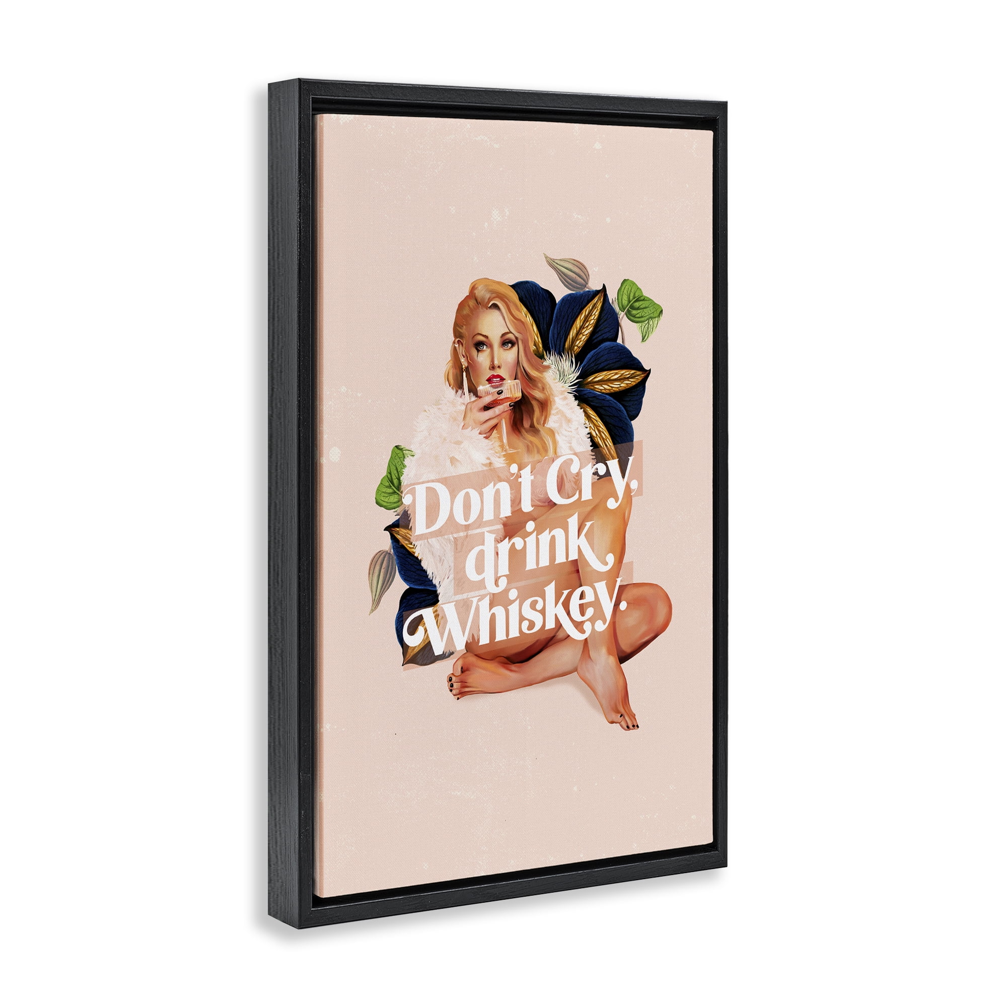 Stupell Industries Don't Cry Drink Whiskey People Painting Black Floater Framed Canvas Art Print Wall Art, 17 x 25