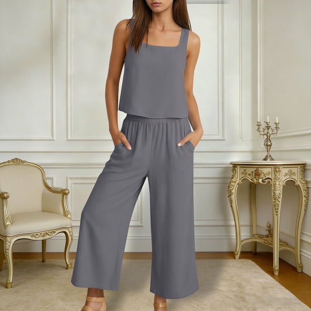 TaTaai Women Sleeveless Crew Neck Crop Top and Wide Leg Capri Pants Set Button Front With Pockets Loose Fit Lightweight Breathable Machine Washable No Fading Daily Office Street Wear Gift