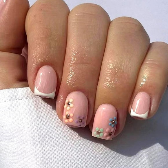Short Press on Nails Square White French Tip Fake Nails Press ons Flower Glue on Nails Pink Full Cover Acrylic Nails Glossy Artificial Stick on Nails for Women and Girls 24Pcs