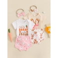 thumbnail image 3 of Gzhioc Baby Girl Easter Outfits 3 6 12 18 Months Toddler Girls Summer Clothes Rabbit Ears/Letter Print Crew Neck Short Sleeve Romper Shorts Headband 3Pcs Clothes Set, 3 of 9