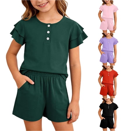 ZXLBBD Girls Summer 2 Piece Outfit Ruffled Short Sleeved Button Down Shirt and Shorts Solid Color Casual Loose Fit Daily Wear Clothes Sets Dark Green Size 11 Y-12 Y