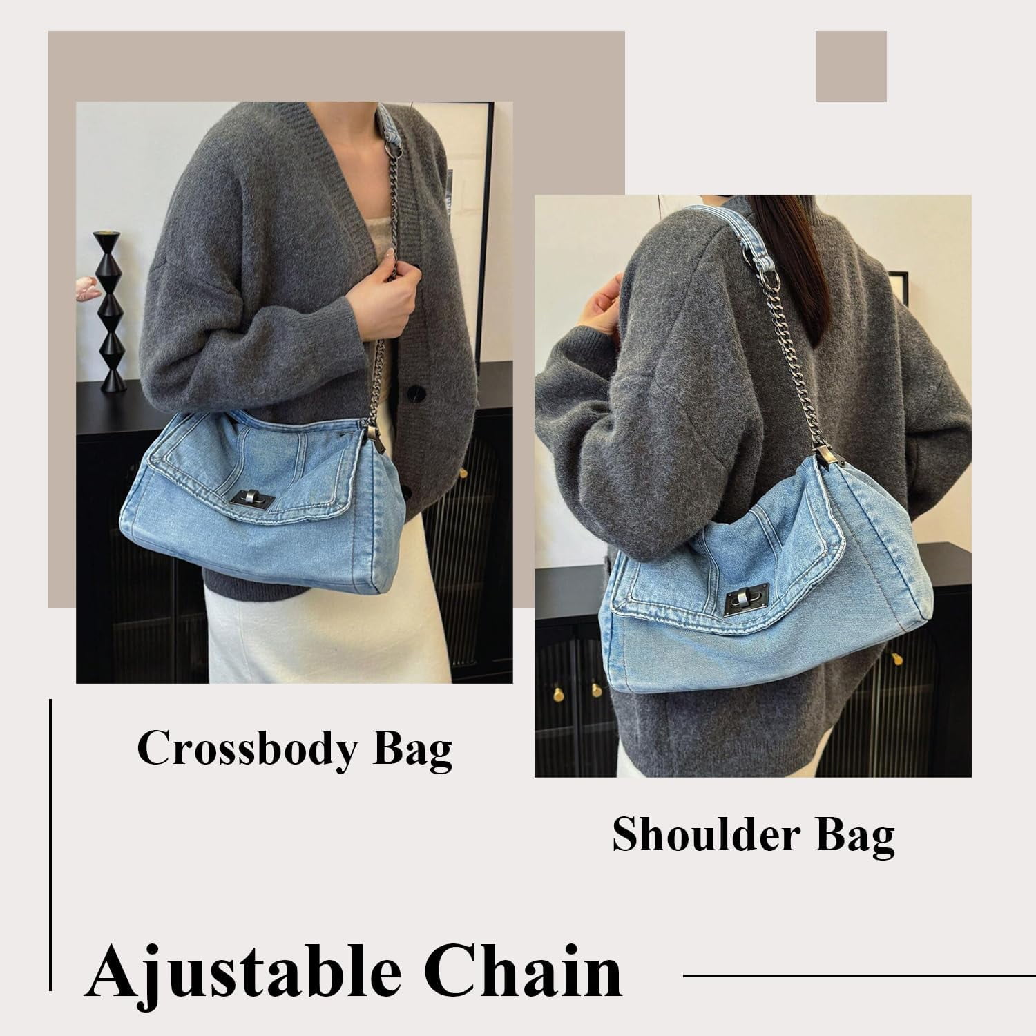 Denim Tote Bag for Women Fashion Adjustable Chain Shoulder Handbag Crossbody Bag Retro Zipper Hobo Purse