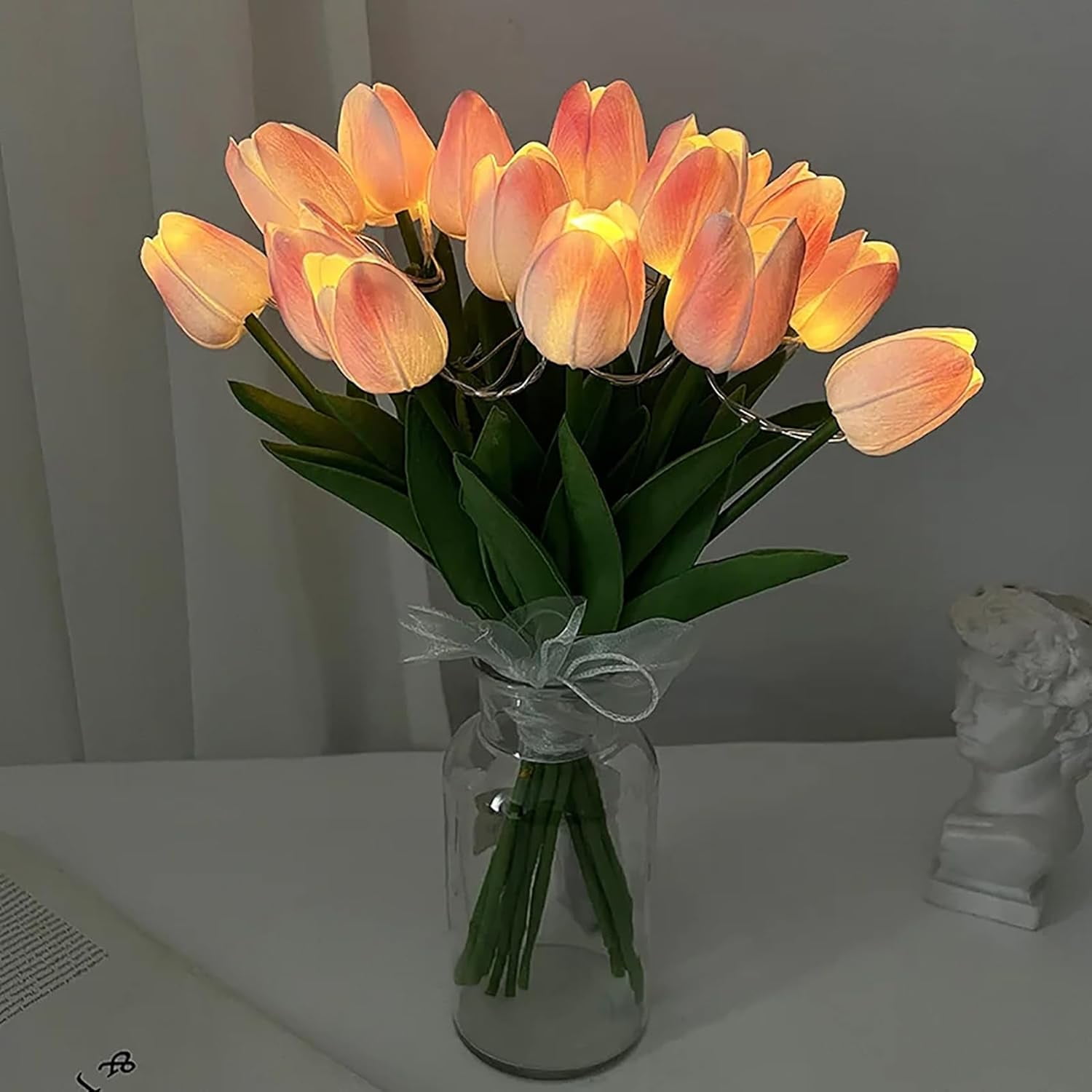 Artificial Tulip Flowers LED Lights Fake Tulips Bouquet Battery Powered Real Touch Led Night Light for Home Office Table Centerpiece Wedding