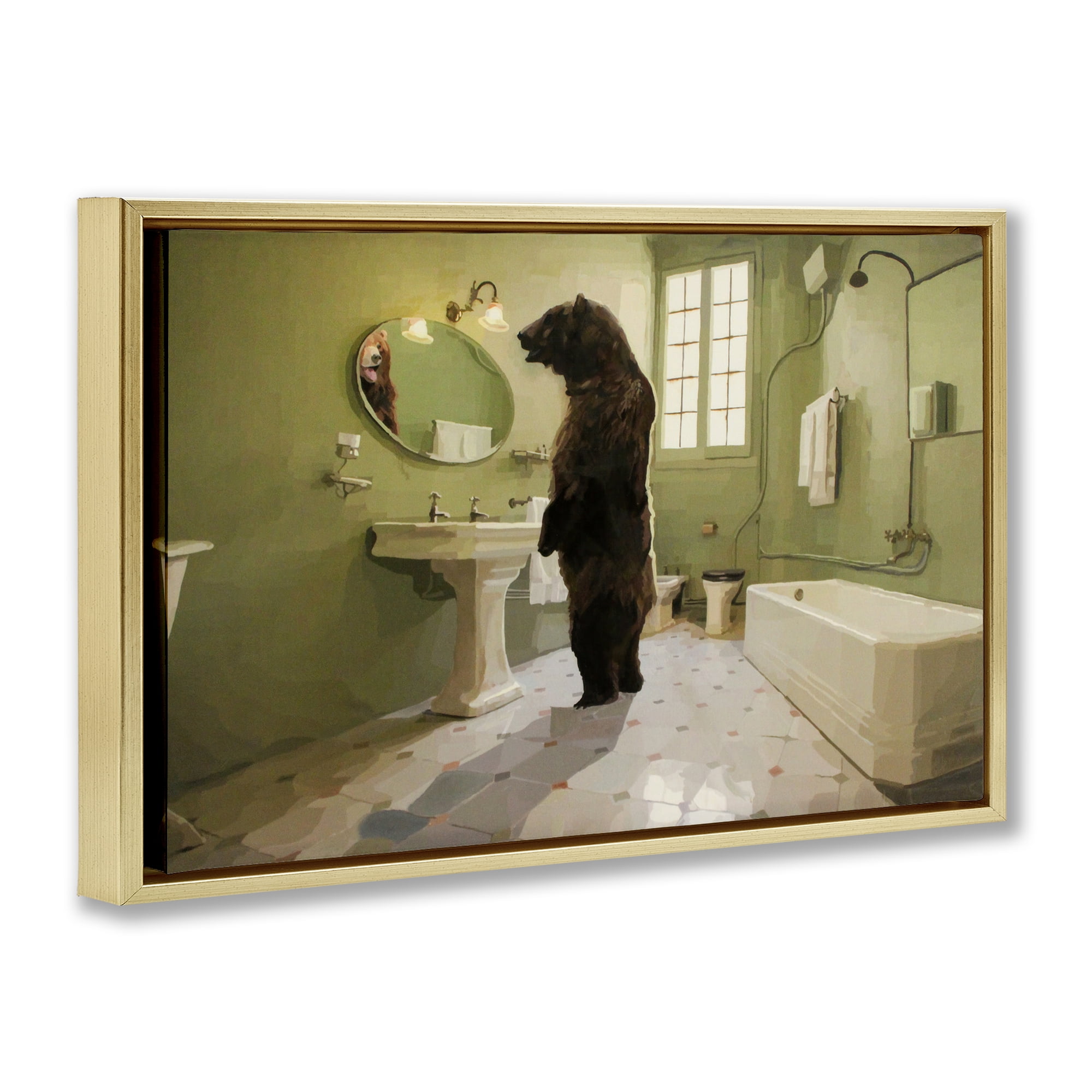 The Houseguest Bear in Bathroom Gold Framed Floater Canvas Wall Art, design by Keith Thomson