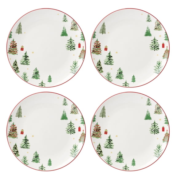 Oneida Merry & Bright Christmas Trees Off White 10.5" Round Porcelain Dinner Plates (4 Count)