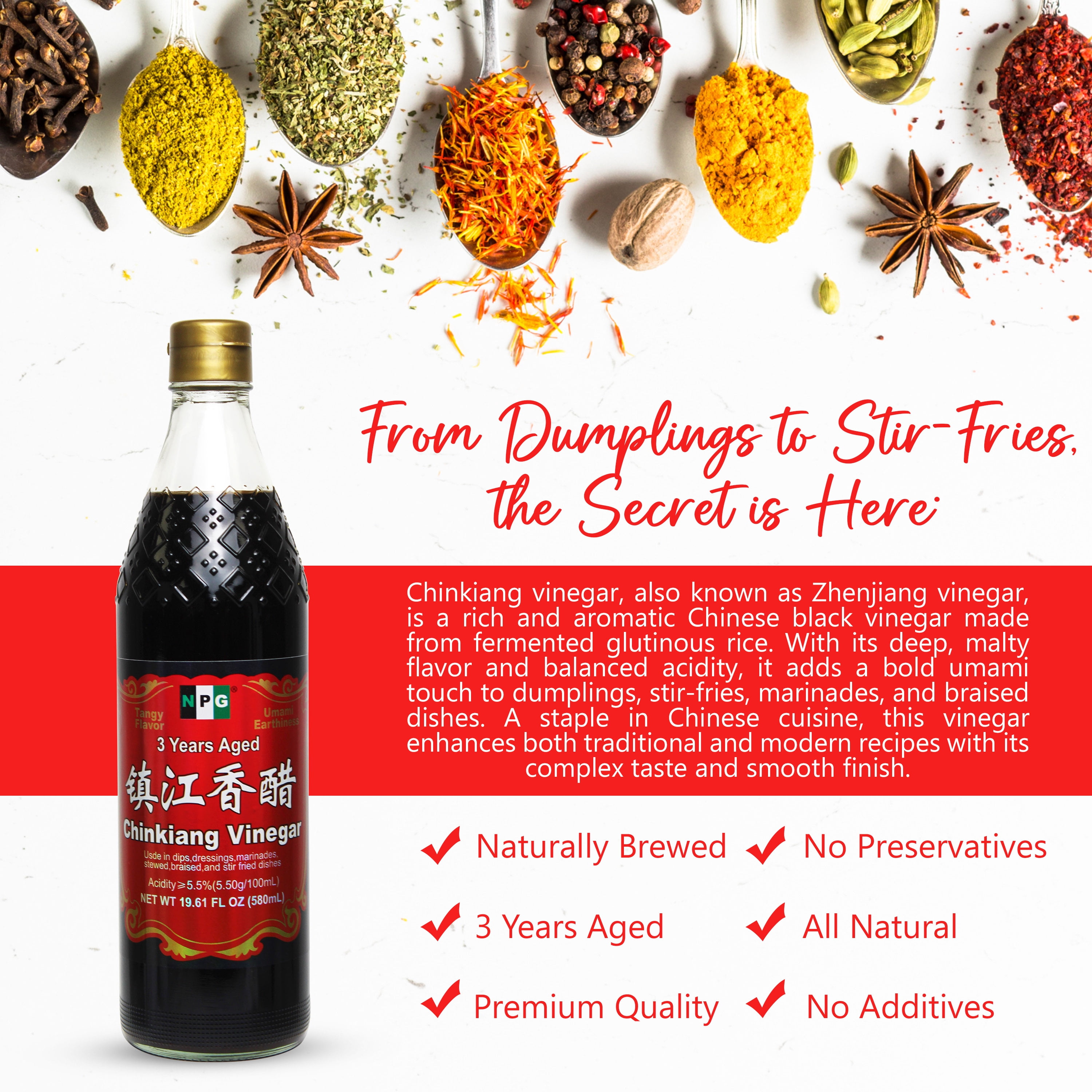 NPG Premium Authentic Chinkiang Vinegar 19.61 Fl Oz (Pack of 2), 3 Years Aged Zhenjiang Black Rice Vinegar, Naturally Brewed Chinese Black Vinegar For Dumplings, Xiao Long Bao, Sushi, Salad, Marinade