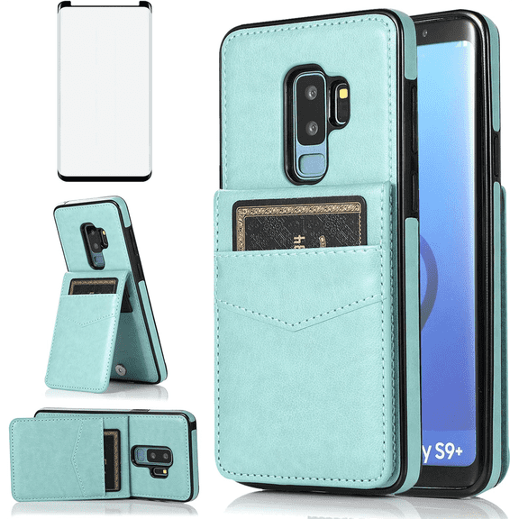 Asuwish Compatible with Samsung Galaxy S9 Plus Wallet Phone Case Tempered Glass Screen Protector and Wrist Strap Ring RFID Card Holder PU Leather Cell Cover for S9 9S 9 S 9 9plus S9plus Women Teal