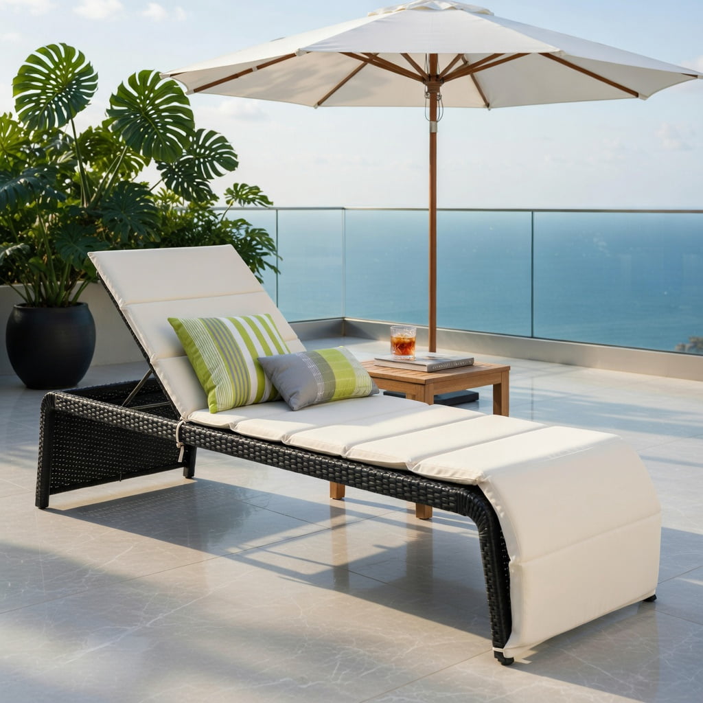 Hommoo Adjustable Outdoor Rattan Chaise Lounge Chair with Thick Cushion, PE Wicker Recliner for Patio, Pool, Balcony & Garden, White