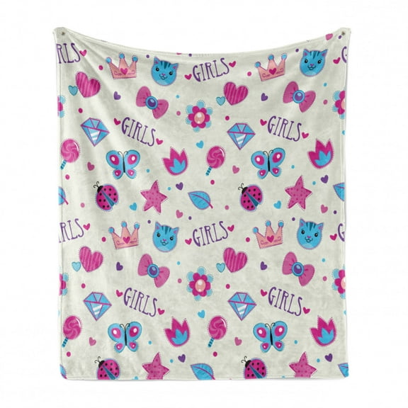 Feminine Soft Flannel Fleece Throw Blanket, Pattern with Funny Doodle Elements Bowtie Ladybird Diamond and Kitty, Cozy Plush for Indoor and Outdoor Use, 50" x 60", Fuchsia and Blue, by Ambesonne