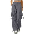 thumbnail image 2 of Womens Cargo Pants High Waisted Baggy Wide Leg Plus Size Parachute Pants with Pockets and drawstring Cargos Lightweight Trousers Y2K Dark Gray XL, 2 of 7