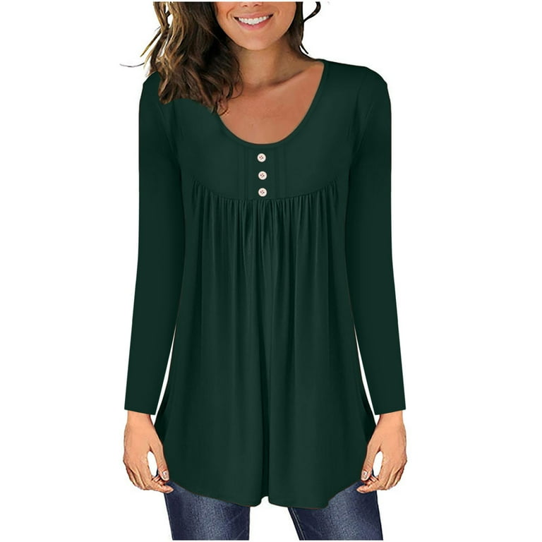 Long Sleeve Shirts That Hide Belly Fat for Women Solid Color Long Sleeve  Henley T Shirts Pleated Flare Tunic Blouse