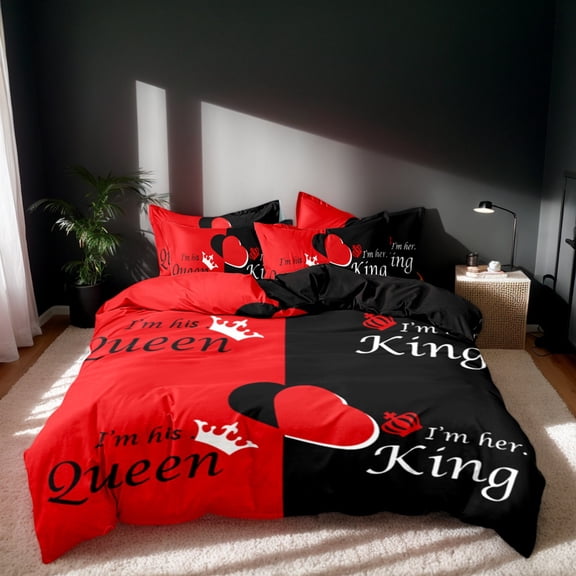 Orylavena Red Black Couple Heart Microfiber Duvet Cover Set, Black Backside, Twin