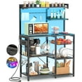 thumbnail image 5 of Homieasy Bakers Rack with Power Outlet and LED light strings, Microwave Oven Stand Kitchen Storage Shelf with Wire Basket, Coffee Bar Station Island table with 10 hooks for Spices, Pots, Black Oak, 5 of 9