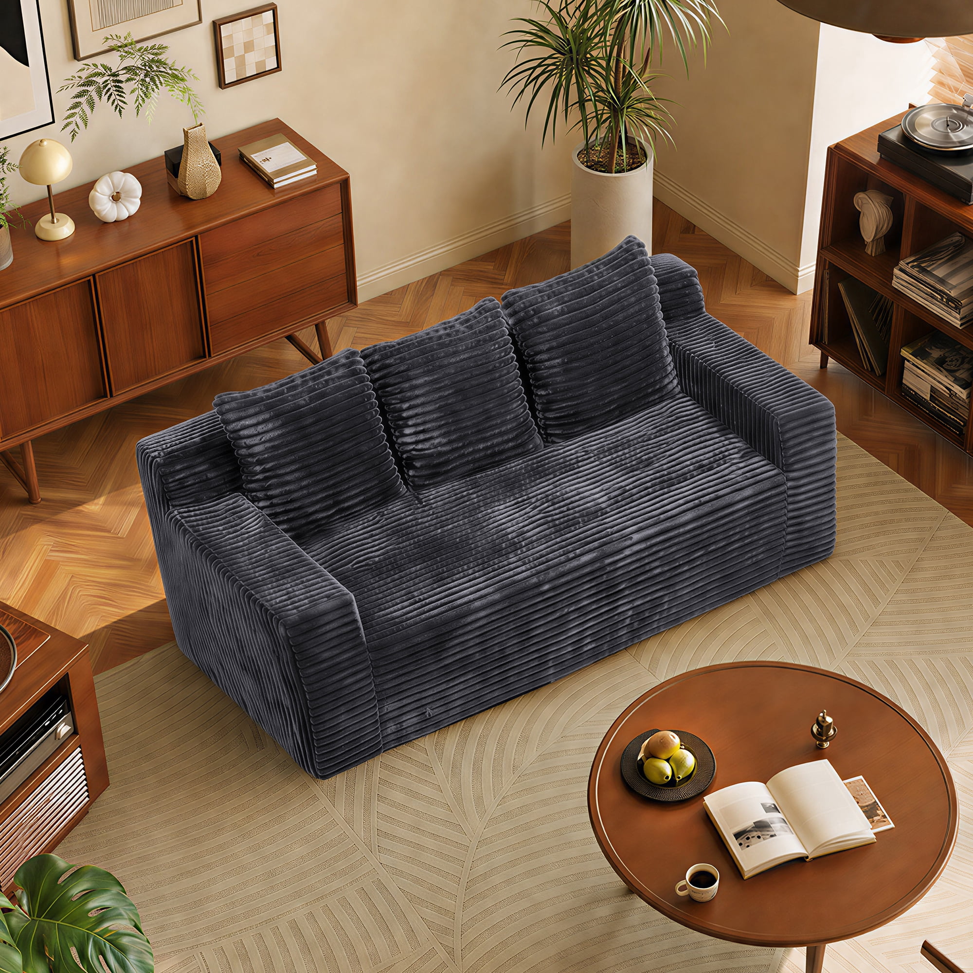 Leumius 72.2" 3-Setaser Sofa with Corduroy Fabric, Deep Seat Couches, Comfy Loveseat Sofa, No Assembly for Living Room Bedroom Conference Room Apartment Dark Grey