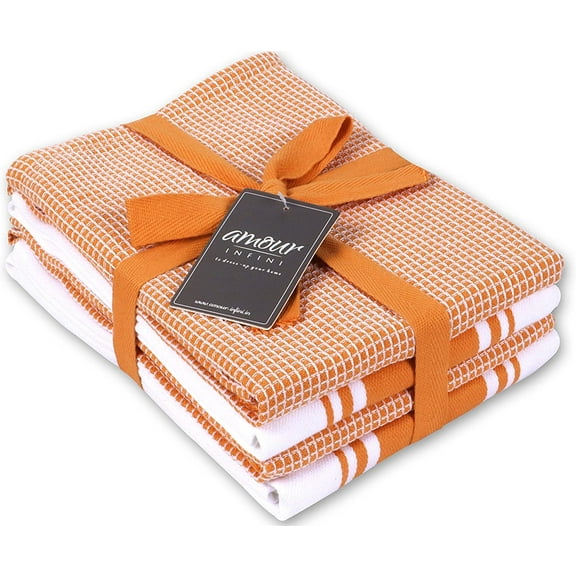 AMOUR INFINI Kitchen Towels - 2 Stripe 2 Waffle Super Soft and Absorbent Kitchen Towels - Perfect for Kitchen Cleaning and Drying Dishes - Pack of 4 Washable Tea Towels (28x20 Inch - Orange)