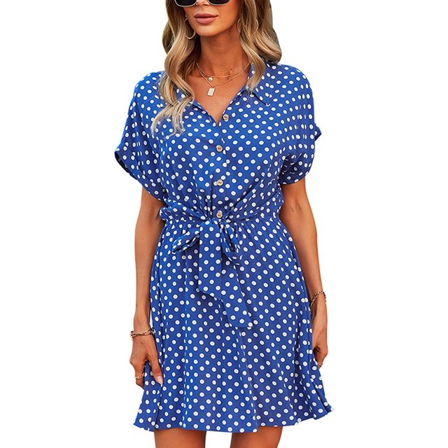 Femmes Robes Casual Manches Courtes Bouton Imprimé Floral vers le Bas V Cou Été Boho Midi Robe