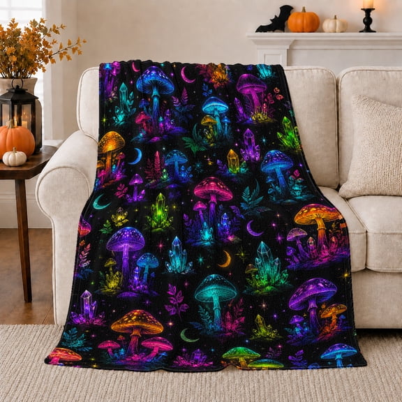Mystical Mushroom Forest Fantasy Neon Glow, Mystical Woodland Scene, Warm Flannel Blanket for Cabin and Lodge, Garden Lovers Housewarming Gift, Fantasy Home Decor