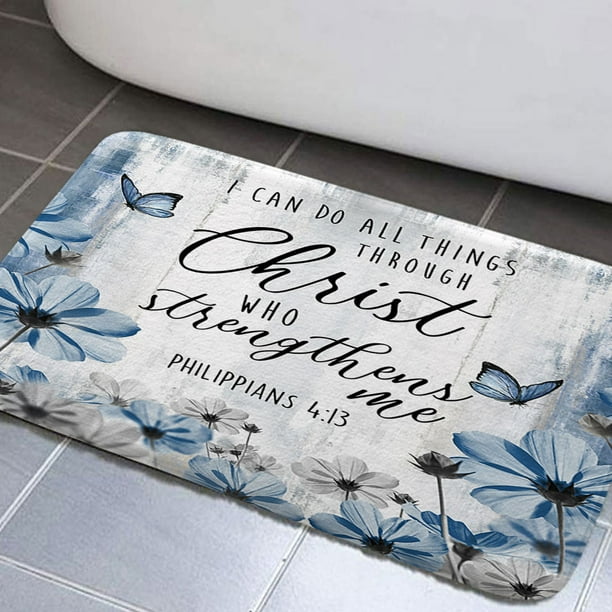 Rustic Farmhouse Bathroom Rug Mat, Blue Teal Butterfly Cotton Flower