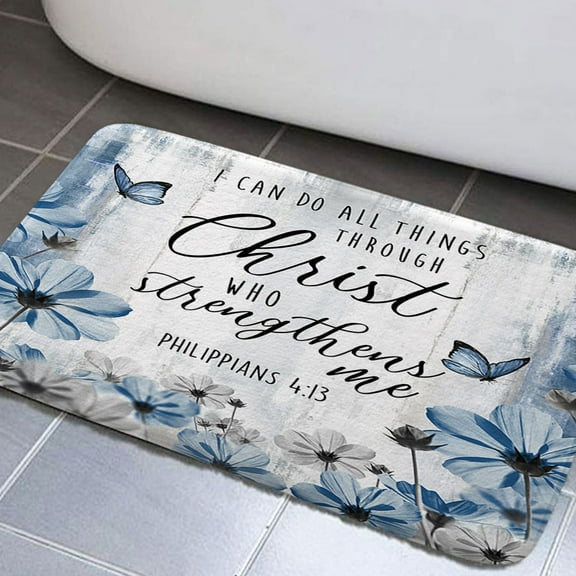 Rustic Farmhouse Bathroom Rug Mat, Blue Teal Butterfly Cotton Flower Inspirational Quotes Chic Country Bathroom Rugs, Bible Verse Scripture Quotes Bath Carpet, Soft and Absorbent Bath Rugs(17"X29")