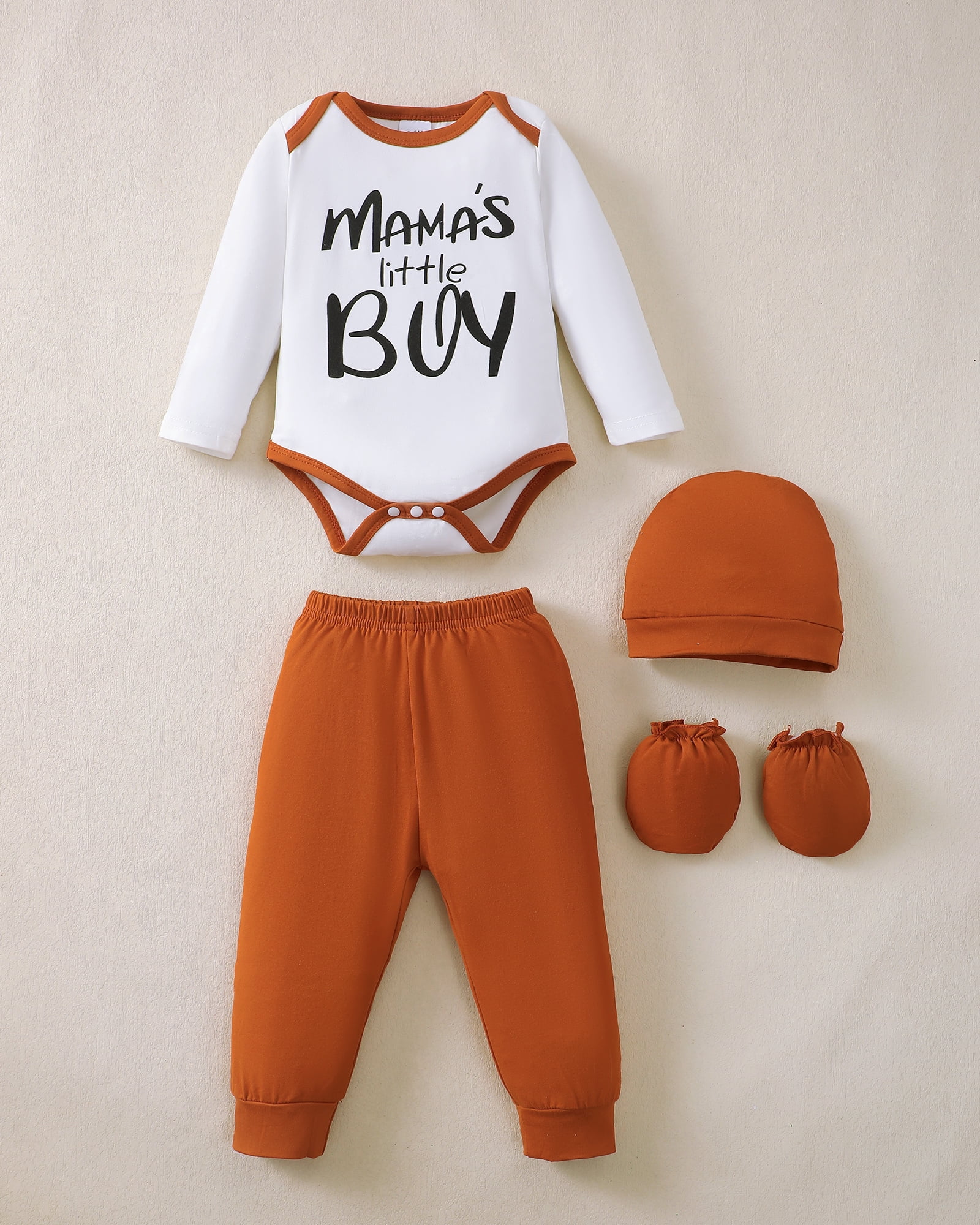 KIMI BEAR Newborn Baby Boys Layette Set Winter Outfits Long Sleeves Romper Set Letter Print Top Plaid Pants with Hats and Gloves 16pcs Clothing Brown 9-12 Months