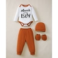 thumbnail image 6 of KIMI BEAR Infant Baby Boys Layette Set Winter Outfits Long Sleeves Romper Set Letter Print Top Plaid Pants with Hats and Gloves 16pcs Clothing Brown 12-18 Months, 6 of 9