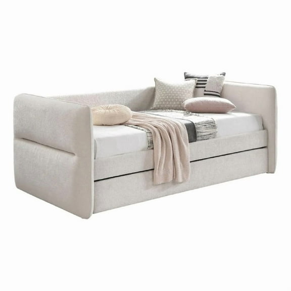 Wemy Daybed w Pull Out Trundle- Modern Ivory Chenille Upholstery