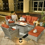 Ovios 5 Pieces High-Back Outdoor Patio Furniture with Fire Pit All Weather Wicker Conversation Furniture with Sofa for Backyard