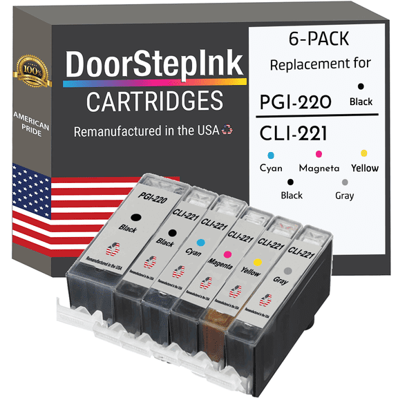 Remanufactured DoorStepInk Ink Cartridges for Canon PGI-220 Black and CLI-221 Black, Cyan, Magenta, Yellow and Gray (6Pack)