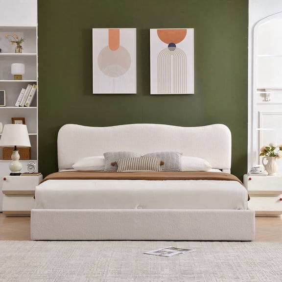 VELOCAVA Full Size Bed Frame with Storage Drawers, Modern Upholstered Platform Bed with Curved Headboard, Wood Slat Support, No Box Spring Needed, Boucle White