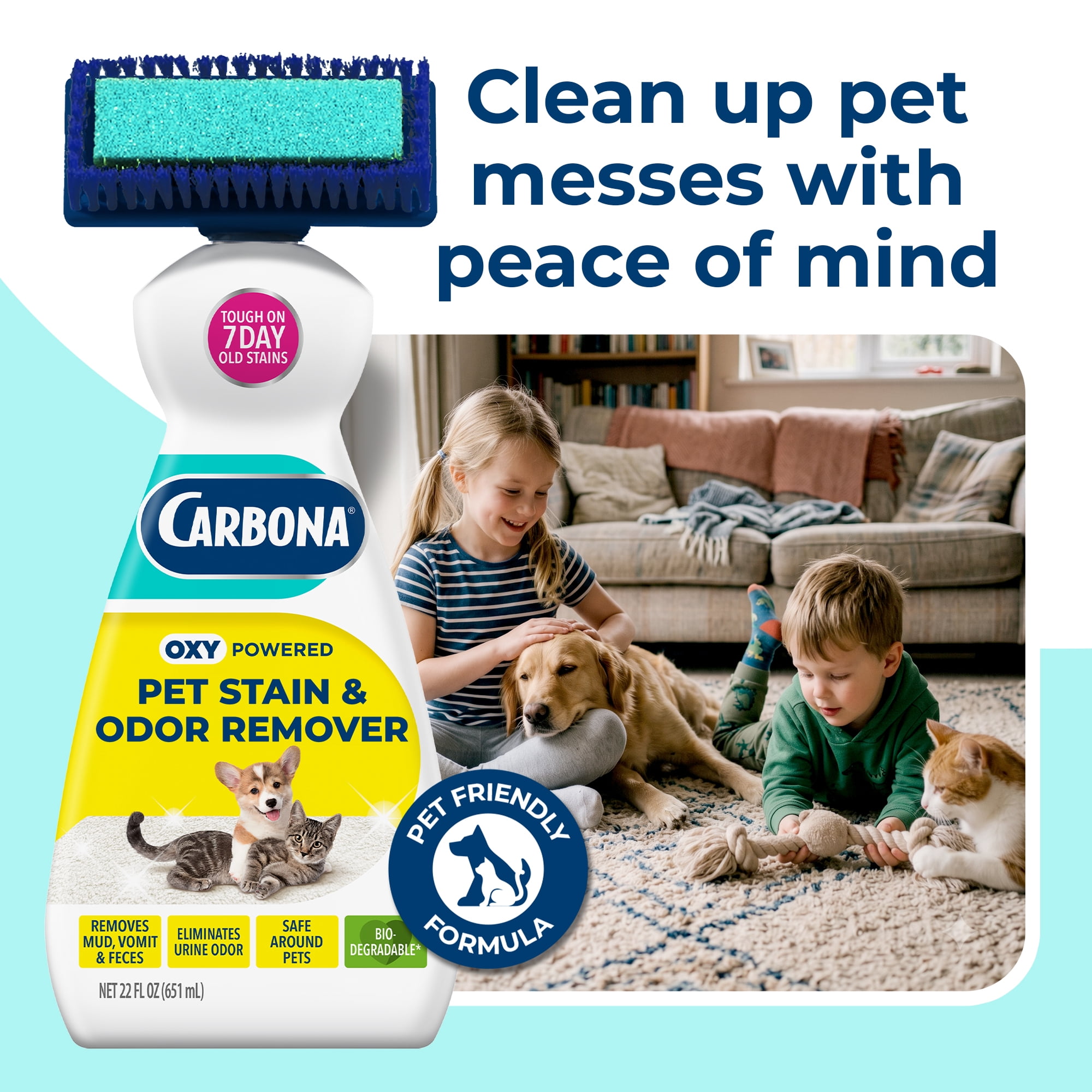 (2 pack) Carbona 2-in-1 Oxy-Powered Pet Carpet Cleaner & Odor Remover, Dual Brush Sponge, 22 Fl Oz