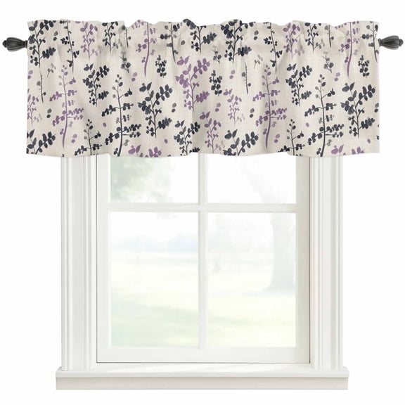 Purple Grey Botanical Farmhouse Short Window Curtain Valances, Rustic Country Spring Floral Summer Leaf Rod Pocket Kitchen Valances for Living Room Bedroom Bathroom Cafe 42" x 12"