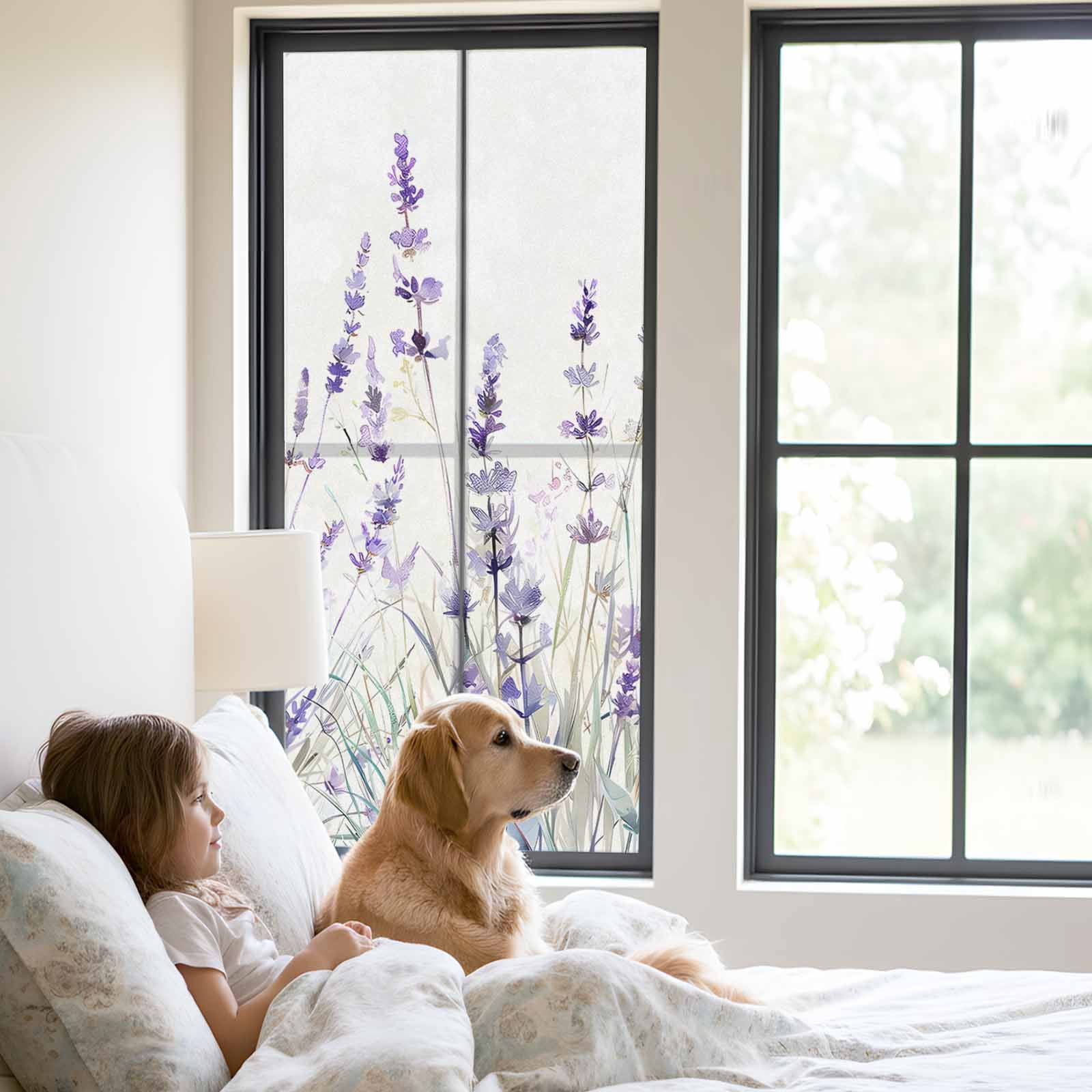 Lavender Floral Window Privacy Film, Spring Flowers Botanical Plants Static Cling UV Sun Blocking Tint Film Heat Control Windows Films for Bedroom Bathroom, Window Stickers 23.6"x59"