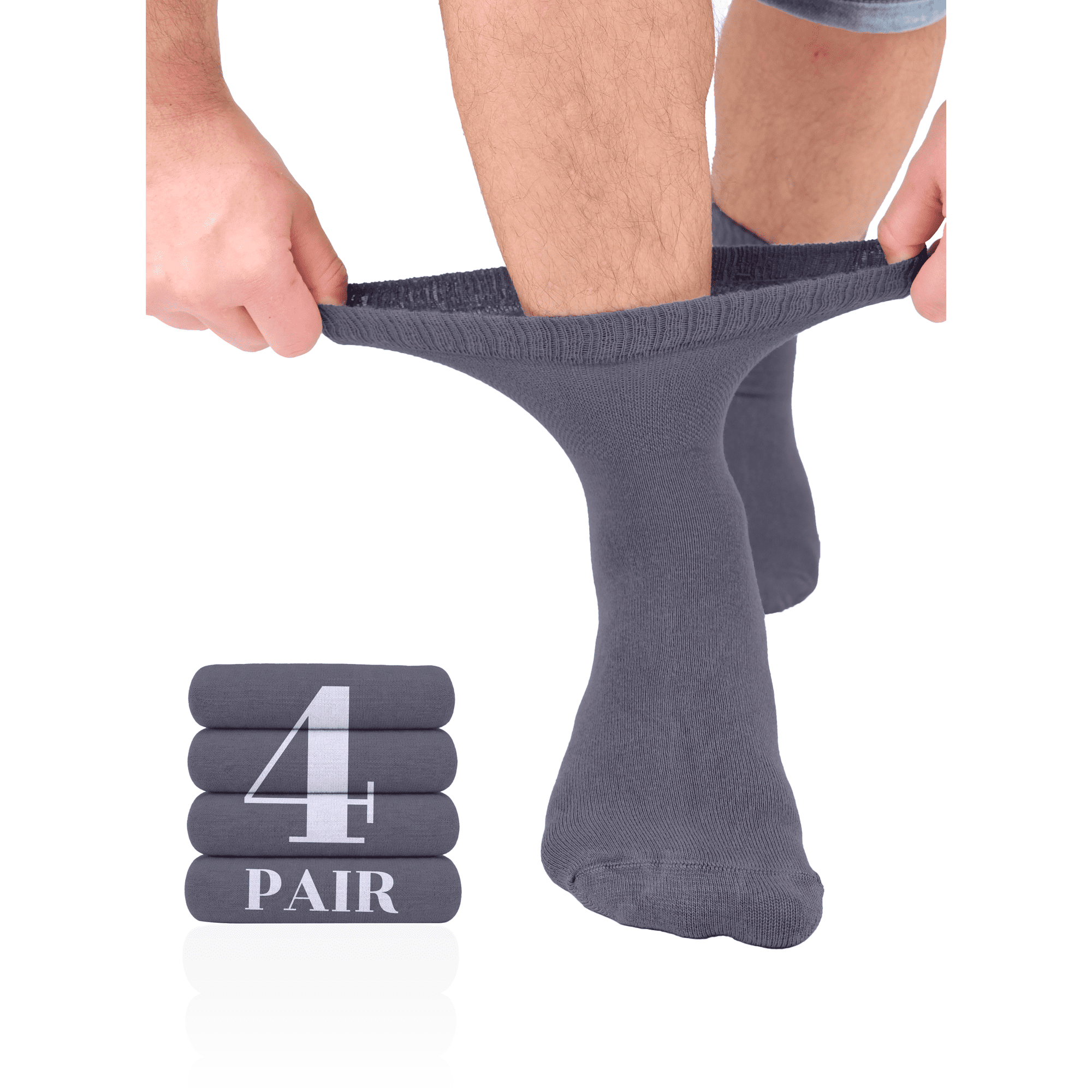 Hugh Ugoli Men's Loose Diabetic Ankle Socks Bamboo, Wide, Thin, Seamless Toe and Non-Binding Top, 4 Pairs, Dark Grey, Shoe Size: 11-13