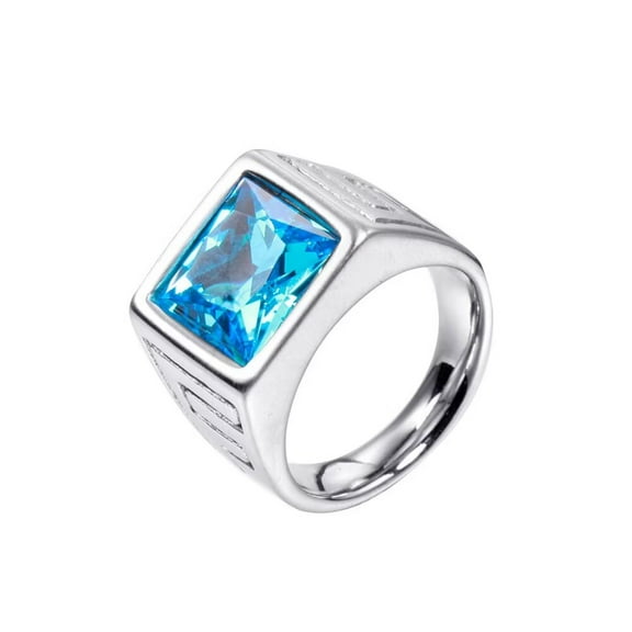 PAURO Men's Stainless Steel Vintage Square Agate Gemstone Ring High Polished Silver Side,Light Blue Size 7