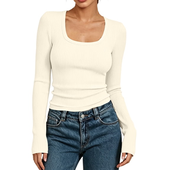 MYAOYINo Boundaries Ladies Long Sleeve Ribbed Tee Scoop Neck Slim Fit Casual Top