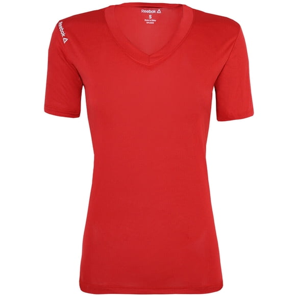 Reebok Volt Camiseta básica de rendimiento con cuello en V para mujer, rojo, XL