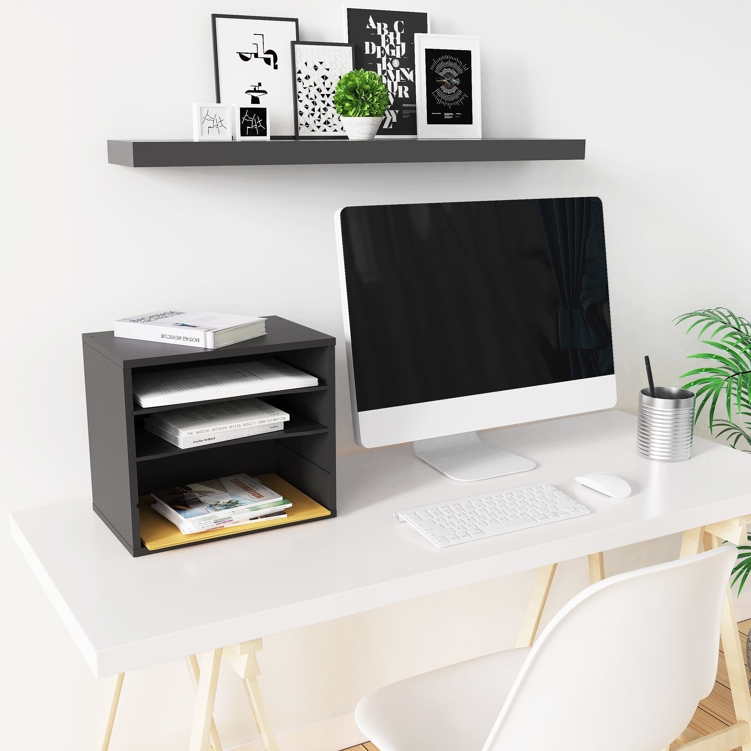 Ballucci 4-Tier File Paper Organizer, Wood Stackable Letter Tray with Adjustable Shelves, Black