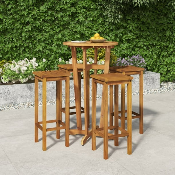 Dcenta 5 Piece Outdoor Dining Set, Acacia Wood Round Bar Table and 4
