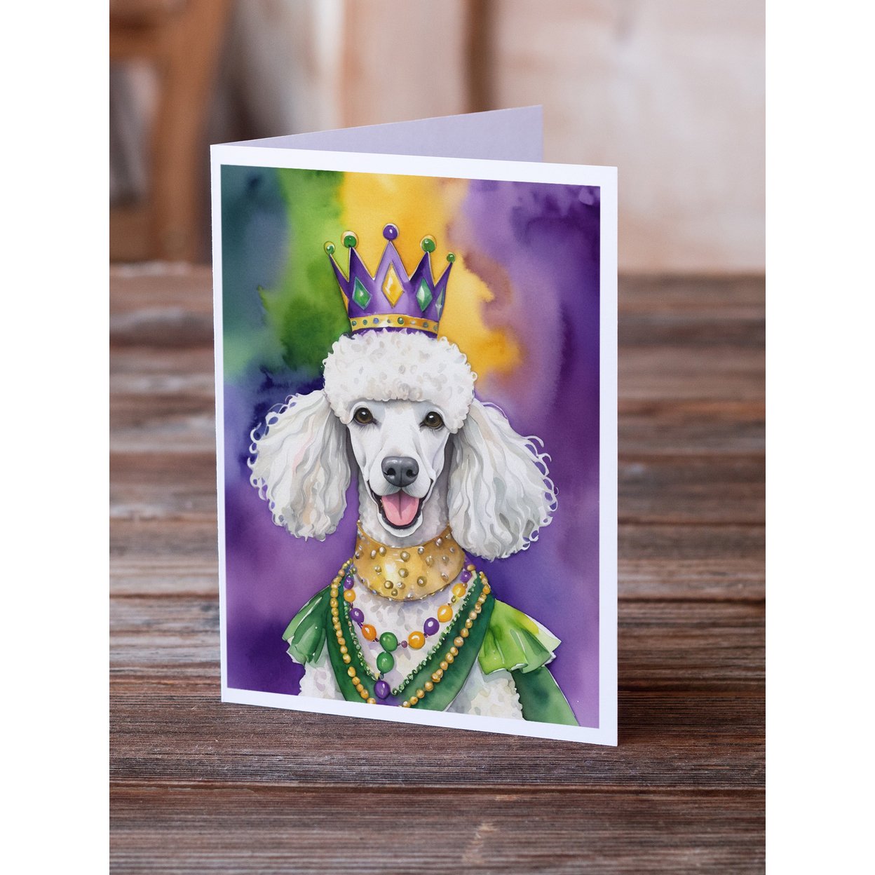 White Poodle King of Mardi Gras Greeting Cards Pack of 8 7 in x 5 in