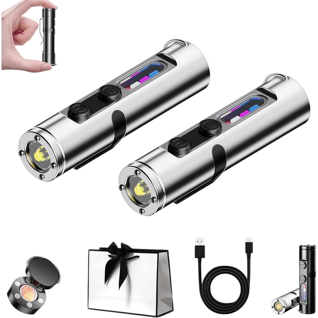 Pocket Rechargeable EDC Flashlight: 500 Lumens Mini Keychain Light with Fire Starter & Window Breaker, 5 Modes, Magnetic Base, Pocket Rechargeable EDC Flashlight for Camping and Travel (2 Pcs Silver)