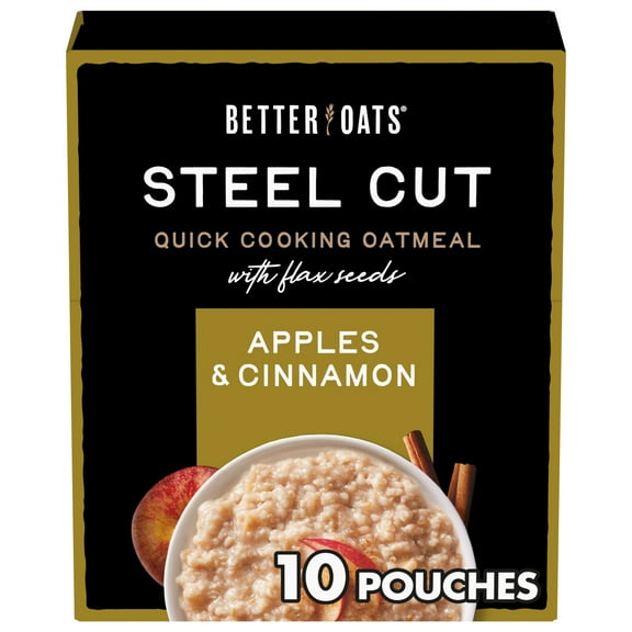 Better Oats Steel Cut Oatmeal, Apples and Cinnamon Oatmeal, Hearty, 10 Steel Cut Oatmeal Packets, 12.3 oz Pack