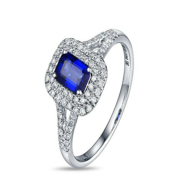 Perfect 2 Carat Sapphire and Diamond Halo Engagement Ring in 14k White Gold affordable Sapphire and diamond engagement ring