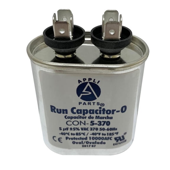 Appli Parts Run Capacitor for ac 5 Mfd uF (microfarads) 370VAC CBB65 Oval Universal fit for hvac and other applications 2in Wide 1-1/2in Depth 2-3/4in High CON-5-370