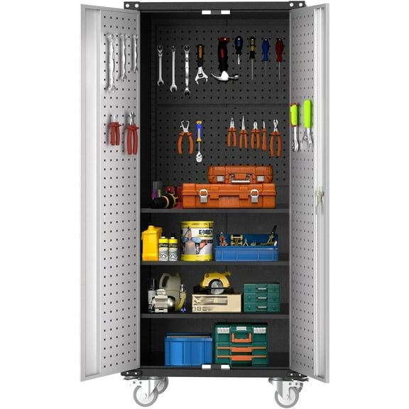 Kojooin 72" Metal Storage Cabinet with Wheels - Lockable Steel Tool Cabinet with Pegboard and Adjustable Shelves for Garage, Home, Office
