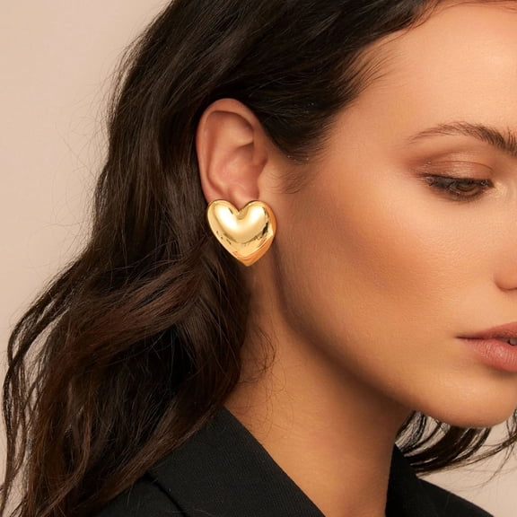Women's Gold Heart Studs Earrings, 14K Gold Plated Trendy Personality Big Studs Earring, Stainless Steel Hypoallergenic Ear Rings Jewelry for Her